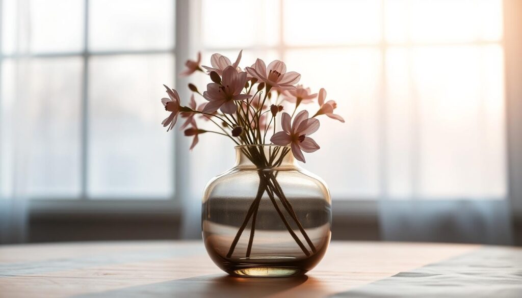 A beautifully crafted glass vase, its surface gently reflecting the warm, natural light filtering through a large window. Delicate flowers, their petals softly unfurling, create a captivating centerpiece, adding a touch of elegance to the minimalist, yet stylish arrangement. The vase's smooth, clean lines and muted tones complement the vibrant hues of the blooms, creating a harmonious, serene composition. The overall scene exudes a sense of tranquility and understated sophistication, perfectly showcasing the effortless transformation of a simple, repurposed glass container into a stunning, one-of-a-kind floral display.