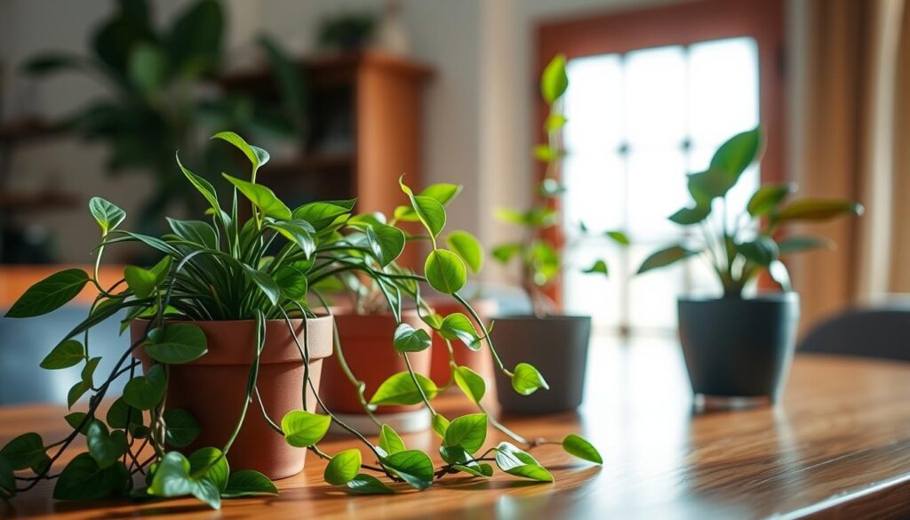 A beautifully lit tabletop scene showcasing a carefully curated selection of thriving mini houseplants, captured with a shallow depth of field and warm, natural lighting. In the foreground, lush foliage of a compact Sansevieria and a trailing Pothos plant cascade gracefully across the surface. In the middle ground, a small Peperomia and a delicate Calathea stand tall, their vibrant leaves gently swaying. The background is softly blurred, allowing the plants to take center stage. The overall composition evokes a sense of tranquility and a thoughtful approach to indoor plant curation, ideal for the "失敗しない！卓上向きミニ観葉植物の選び方3原則" section.