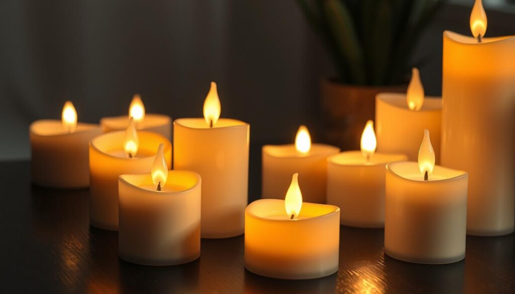 A close-up comparison of several battery-powered LED candles arranged on a dark wooden surface. The candles have a soft, flickering light that casts warm, gentle shadows. The candles are of varying shapes and sizes, some with wax-like textures, others with smooth, sleek designs. The scene is well-lit from the side, creating depth and dimensionality. The lighting is atmospheric, creating a soothing, relaxing ambiance. The focus is on the candles themselves, showcasing their realistic flame-like illumination and natural, calming aesthetic. The background is blurred, keeping the attention on the candles as the central subject.