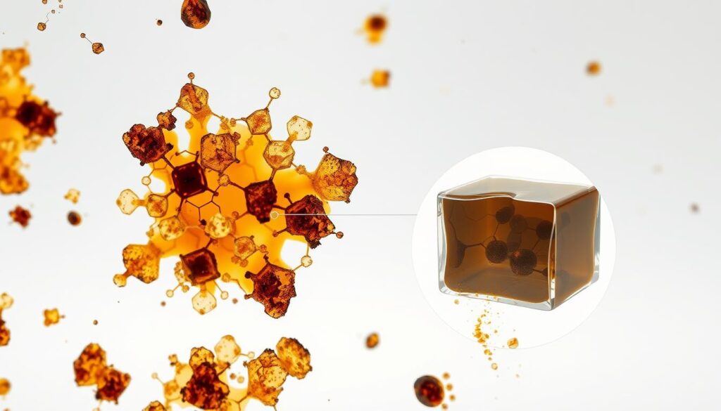 A close-up, highly detailed chemical analysis of tea stains on a glass surface. The foreground shows the molecular structure and composition of the tea residue, with crystalline patterns and organic compounds prominently displayed. The middle ground features a magnified, cross-sectional view of the stain's adhesion to the glass, revealing the complex bonding mechanisms at work. The background is a neutral, muted palette that allows the technical details to take center stage, conveyed through a precise, scientific illustration style with clean lines and subtle shading. Bright, diffused lighting casts an analytical, almost clinical atmosphere, emphasizing the analytical nature of the subject matter.