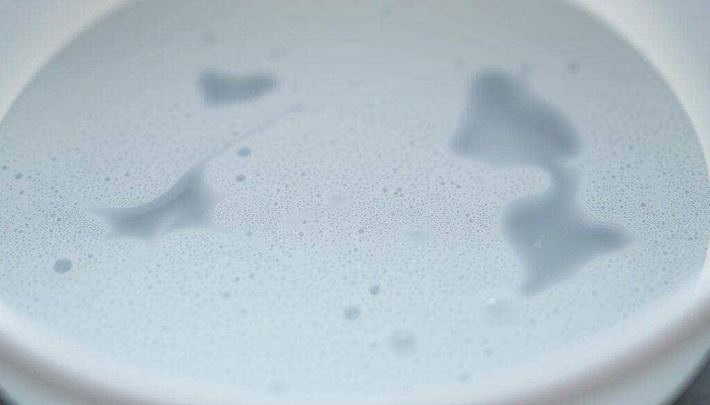 A close-up photograph of a dish filled with soapy water, capturing the residual foam and bubbles that linger even after apparent rinsing. The dish is illuminated by soft, diffused lighting from the side, creating a sense of depth and texture. The image focuses on the intricate patterns and translucent nature of the remaining suds, highlighting the challenge of thoroughly removing all traces of detergent. The background is blurred, placing the viewer's attention solely on the dish and the persistence of the washing agent. The overall mood is one of scientific curiosity, inviting the viewer to consider the hidden implications of incomplete rinsing.