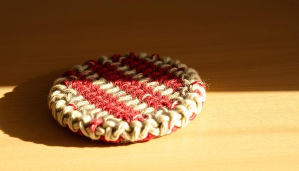 A close-up shot of a handmade cloth coaster, showcasing its intricate textures and patterns. The coaster is placed on a clean, minimalist wooden surface, bathed in warm, diffused lighting that highlights the natural fibers and vibrant colors of the fabric. The composition emphasizes the tactile quality of the material, inviting the viewer to imagine the softness and comfort of holding the coaster. The overall mood is one of understated elegance and attention to detail, reflecting the charm and appeal of a handcrafted textile accessory.