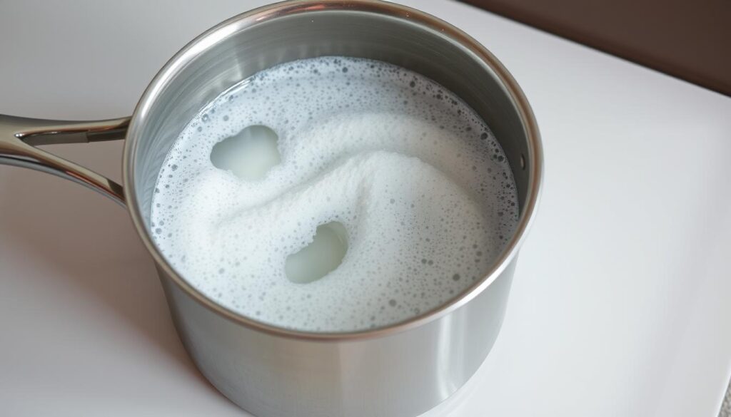 A close-up shot of a stainless steel pot filled with a bubbling, foamy mixture of water and baking soda. The pot is placed on a clean, light-colored kitchen countertop, bathed in soft, even lighting that highlights the textures and reflections of the metal surface. The baking soda solution swirls and froths, creating a visually captivating display of the chemical reaction at work. The scene conveys a sense of simplicity, efficiency, and the effectiveness of this natural cleaning technique, perfectly suited to illustrate the "Golden Recipe" for removing stubborn burnt-on food residue from pots and pans.