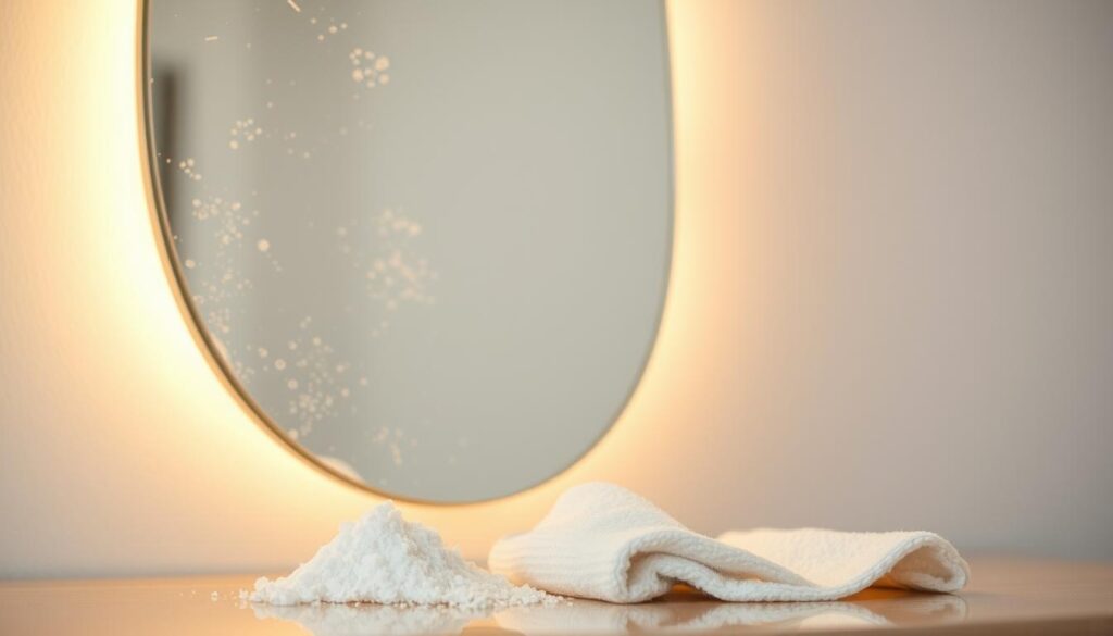 A close-up view of a bathroom mirror, the surface marred by stubborn water stains and mineral deposits. The mirror is set against a plain white wall, bathed in warm, diffused lighting that casts a soft, even glow. In the foreground, a handful of baking soda crystals and a small, damp cloth are arranged, suggesting the simple, natural solution to this cleaning task. The composition emphasizes the contrast between the dull, cloudy mirror and the promise of a sparkling, rejuvenated surface, ready to reflect a clear, bright image once the restorative process is complete.
