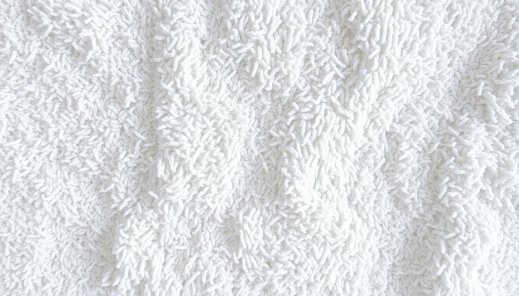 A close-up view of a rough, coarse towel texture against a plain background. The towel fibers appear rigid and unevenly distributed, creating a scratchy, stiff surface. Harsh overhead lighting casts sharp shadows, emphasizing the uneven texture. The scene has a clinical, diagnostic feel, highlighting the causes of towel stiffness - improper washing, fabric softener buildup, and insufficient drying. The image conveys a sense of discomfort and the need to restore the towel's softness and absorbency.