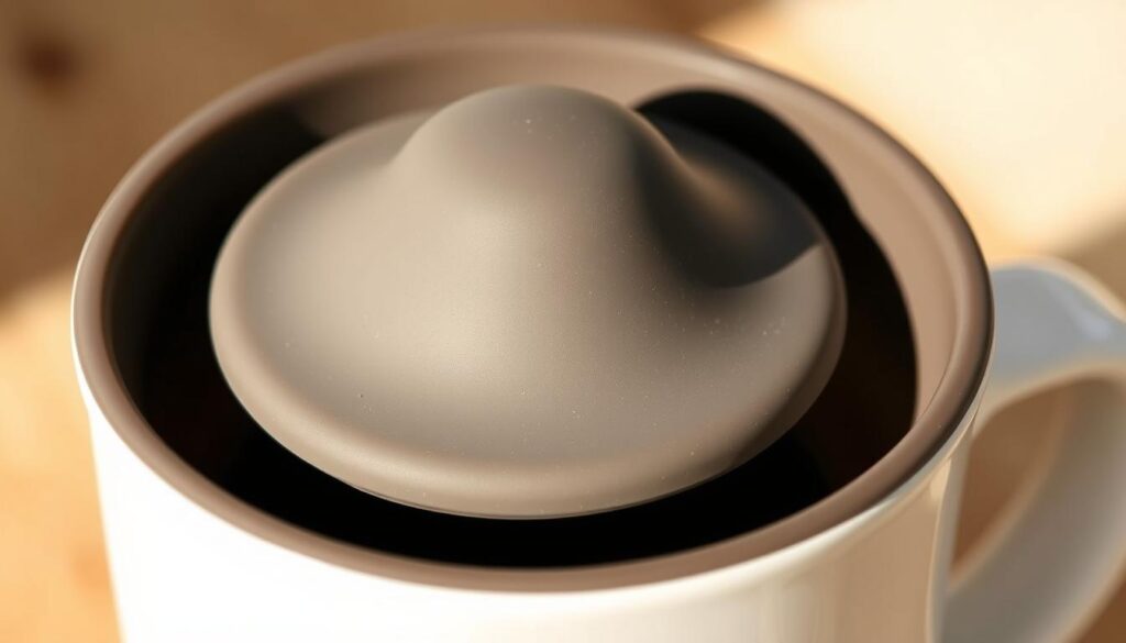 A close-up view of a silicon cup cover, rendered in a warm, natural lighting. The cover fits snugly over the rim of a ceramic mug, with a subtle texture that conveys its soft, flexible material. The cover's slightly translucent surface allows a glimpse of the mug's contents, creating a sense of functionality and purpose. The image captures the cover's ability to retain heat and prevent dust, highlighting its practical appeal for everyday use. The composition emphasizes the cover's simplicity and elegant design, showcasing its suitability for the modern home or office.