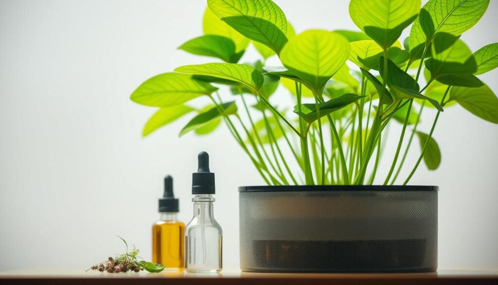 A close-up view of a thriving indoor plant, its lush green leaves seemingly floating in mid-air. In the foreground, a series of natural pest deterrents are strategically placed, including fragrant herbs, non-toxic oils, and delicate mesh screens. The lighting is soft and diffused, creating a serene, minimalist atmosphere reminiscent of a modern home office. The plant appears vibrant and healthy, its growth unimpeded by any visible insects or pests, showcasing the effectiveness of this soil-free, desk-friendly cultivation method.