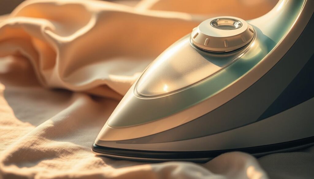 A close-up view of an iron and various textile materials, including cotton, linen, and silk fabrics. The iron is depicted in a warm, golden light, casting subtle shadows on the fabrics, which are arranged in a visually appealing composition. The fabrics appear to be slightly rumpled, showcasing the relationship between the iron and its ability to smooth and straighten them. The background is softly blurred, allowing the viewer to focus on the interplay between the iron and the textiles. The scene conveys a sense of technical precision and the importance of understanding the fundamental mechanisms behind effective ironing.