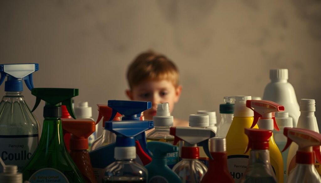 A close-up view of various cleaning products and chemical agents, with a hazy, blurred background suggesting a sense of unease and concern. The foreground features an array of different bottles, containers, and packages, some with labels or symbols indicating their chemical composition. The lighting is slightly muted, creating a subtle sense of foreboding. The middle ground depicts a partially obscured human figure, perhaps a child or adult, conveying the potential health risks associated with the exposure to these substances. The background is hazy and indistinct, suggesting the far-reaching and pervasive nature of these chemicals in our everyday lives. The overall composition and atmosphere evoke a sense of unease and the need for greater awareness and caution when it comes to the potential health impacts of common household cleaning products.