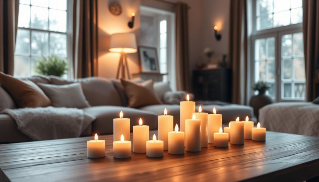 A cozy living room bathed in the soft, warm glow of several LED candles carefully arranged on a wooden coffee table. The candles flicker gently, casting a tranquil, inviting ambiance throughout the space. Plush, earth-toned furnishings and subtle decorative elements create a serene, harmonious atmosphere. Indirect lighting from a minimalist floor lamp and wall sconces adds depth and dimension, while large windows allow natural daylight to filter in, lending an airy, luminous quality to the scene. The overall impression is one of safety, comfort, and a calming respite from the outside world, perfectly capturing the appeal of LED candles as a fire-free alternative for creating a relaxing, restorative home environment.