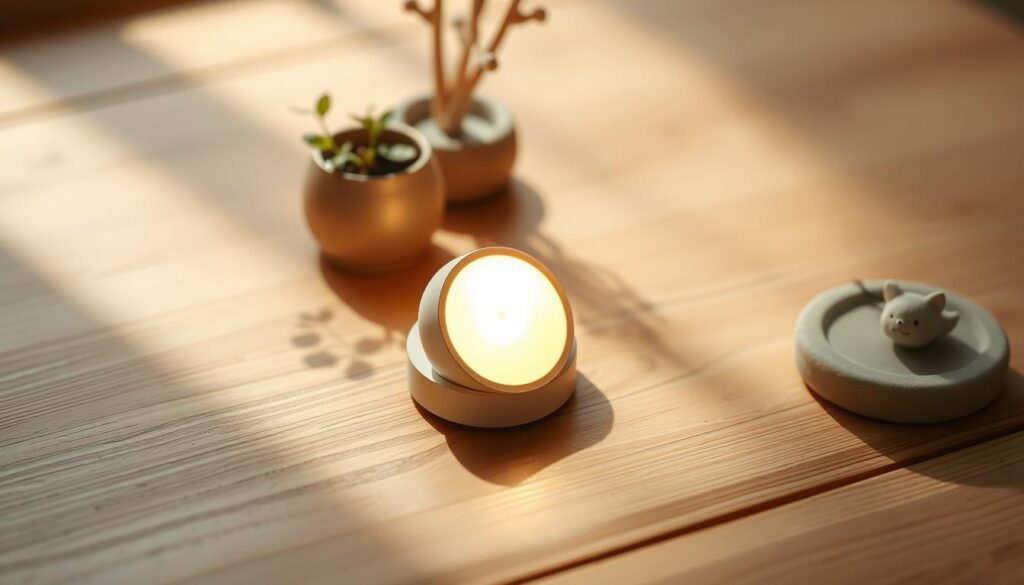 A cozy, minimalist LED mini light fixture resting on a simple wooden surface, casting a warm, ambient glow that creates a soothing, relaxing atmosphere. The light's sleek, modern design features a smooth, cylindrical body and a soft, diffused light output. Delicate shadows dance across the surface, adding depth and dimension to the scene. The lighting is complemented by a few carefully curated decorative elements, such as a small potted plant or a zen garden, that further enhance the tranquil, meditative mood. The entire composition is captured from a slightly elevated angle, utilizing natural lighting and a shallow depth of field to emphasize the intimate, serene ambiance.