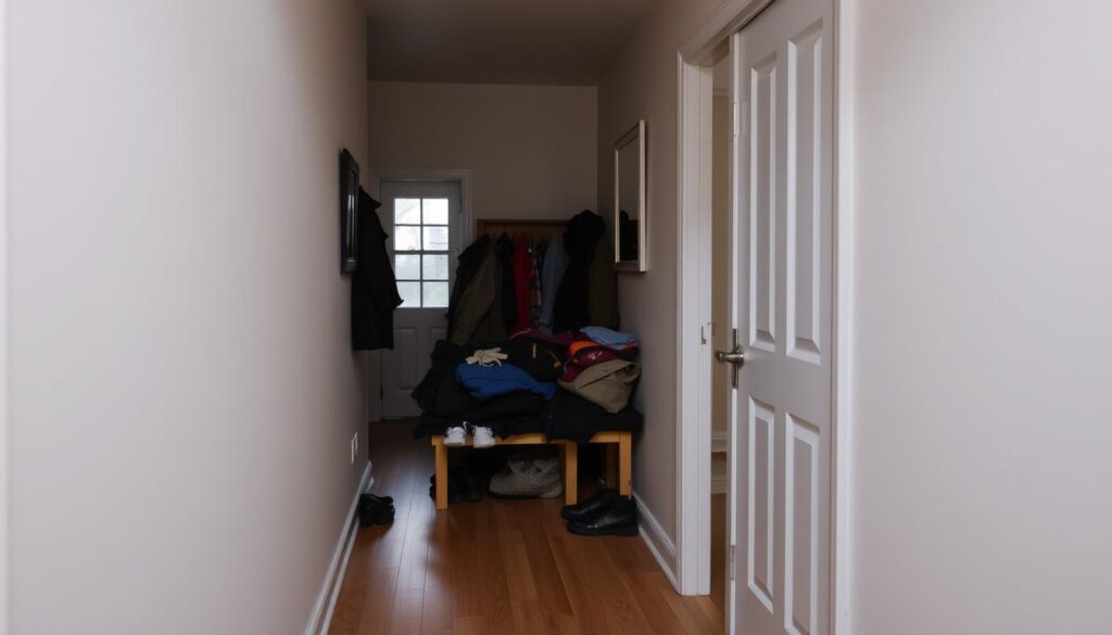 A cramped entryway with cluttered storage issues. A narrow hallway with a small bench, overflowing with shoes, bags, and coats. Dim overhead lighting casts shadows, making the space feel claustrophobic. Wooden floors, plain white walls, and a single window provide a minimalist backdrop. The scene conveys a sense of disorganization and lack of storage solutions for the limited space. Capture this cluttered, dimly lit entryway, emphasizing the challenges of storage in a compact foyer area.