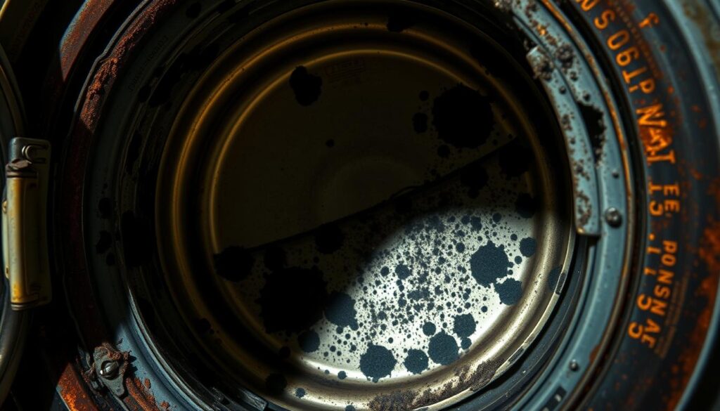 A damp, poorly ventilated washing machine interior, riddled with unsightly black mold patches. Stubborn grime clings to the edges of the drum, while a musty odor permeates the air. Dim, yellowish lighting casts long shadows, heightening the sense of neglect. The rusted metal exterior suggests a lack of regular cleaning and maintenance. Condensation beads on the surfaces, indicative of excessive moisture buildup over time. This scene represents the root causes of mold growth in washing machines - inadequate air circulation, residual water, and a failure to properly clean and dry the machine after each use.