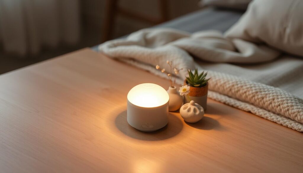A delicate LED mini light, its warm glow casting a serene ambiance across a tranquil tabletop scene. The light's sleek, minimalist design stands out against a backdrop of natural textures, such as a smooth wooden surface or a plush, neutral-toned rug. Soft shadows dance across the surroundings, creating a cozy, inviting atmosphere. The light is positioned strategically, highlighting a thoughtfully curated arrangement of decorative accents, like small potted plants, ceramic trinkets, or a delicate floral centerpiece. The overall composition exudes a sense of harmony and relaxation, perfectly suited for an intimate, soothing living space.