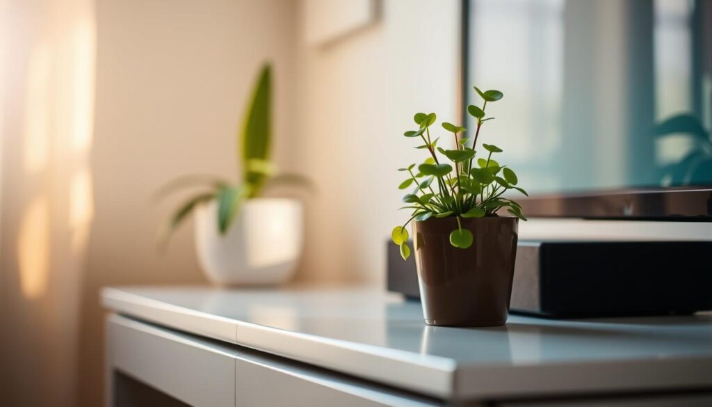 A delicate and charming mini houseplant sits atop a sleek, modern desk, its verdant foliage gently catching the warm, natural light streaming through a nearby window. The plant's compact size and elegant shape make it an ideal choice for compact living spaces, while its lush, vibrant appearance captivates the eye and brings a touch of nature indoors. The scene conveys a sense of serenity and simplicity, highlighting the appeal of these low-maintenance, beginner-friendly greenery that can thrive even in the most novice of hands.