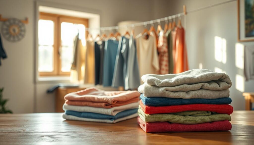 A detailed scene of a laundry room, with a clothesline strung across the frame. In the foreground, neatly folded freshly washed clothes are placed on a wooden table, their vibrant colors contrasting with the muted tones of the surrounding environment. In the middle ground, a person carefully hangs delicate fabrics on the clothesline, their movements captured in a graceful, deliberate manner. The background features a window allowing natural light to stream in, casting a warm glow over the scene. The composition is balanced, with a focus on the efficient and thoughtful drying process. The overall atmosphere is one of domestic tranquility and attention to detail, conveying the idea of "洗濯と干し方のコツ".