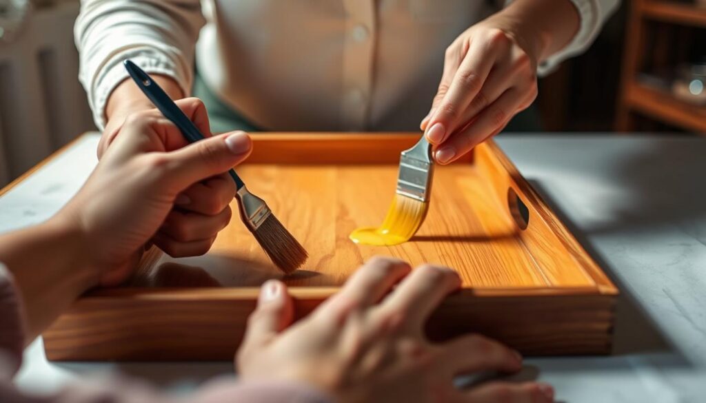 A detailed, step-by-step view of a person's hands carefully applying wood paint to a DIY wooden tray. The foreground shows the person's hands gripping a paintbrush, deftly brushing on an even layer of vibrant, glossy paint. The middle ground features the wooden tray, its natural grain texture visible beneath the fresh coat of paint. The background is softly blurred, creating a focused, intimate atmosphere. Warm, directional lighting casts subtle shadows, emphasizing the tactile, hands-on nature of the painting process. The overall mood is one of focused concentration and creative satisfaction in customizing a personal DIY project.