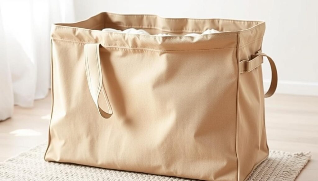 A large, foldable laundry bag with a sturdy, reinforced canvas exterior in a neutral, earthy tone. The bag features sturdy carrying handles and a wide, open top for easy loading and unloading. The bag's interior is spacious and lined with a durable, water-resistant material, allowing it to hold a substantial amount of laundry. The bag is depicted in a well-lit, natural setting, such as a clean, minimalist bedroom or utility room, showcasing its practical and versatile design. The composition emphasizes the bag's size, functionality, and seamless integration into a modern, organized living space.