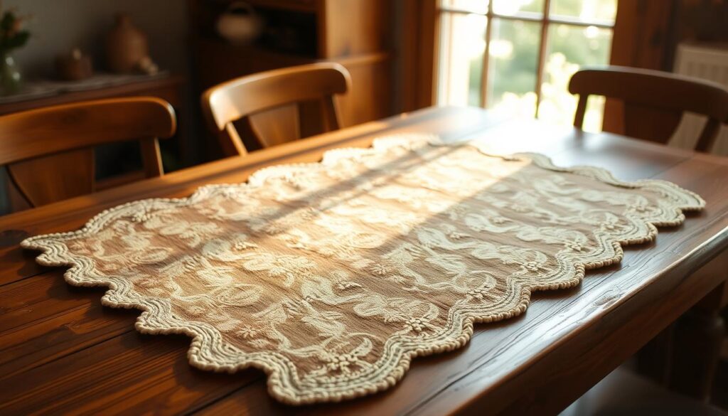 A lush, fabric-woven luncheon mat rests gently on a rustic wooden table, its intricate pattern and soft texture creating an inviting, homely atmosphere. Warm, natural light filters through a window, casting a cozy glow and highlighting the mat's subtle sheen. The design features a blend of earthy tones and delicate floral motifs, evoking a sense of nourishment and elegance. The mat's placement suggests it is part of a larger tablescape, ready to elevate the dining experience with its tactile charm and visual interest.
