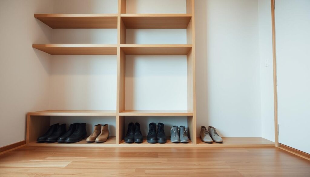 A minimalist, well-organized shoe storage space in a Japanese-style entryway. The shelves are made of natural wood, arranged neatly to accommodate a modest collection of shoes. Diffused lighting from above creates a calming, zen-like atmosphere. The scene is captured from a low angle, emphasizing the clean lines and careful arrangement. The floor is a smooth, polished hardwood, complementing the minimalist aesthetic. An airy, uncluttered feel pervades the image, showcasing how a dedicated shoe storage area can streamline a compact entryway.