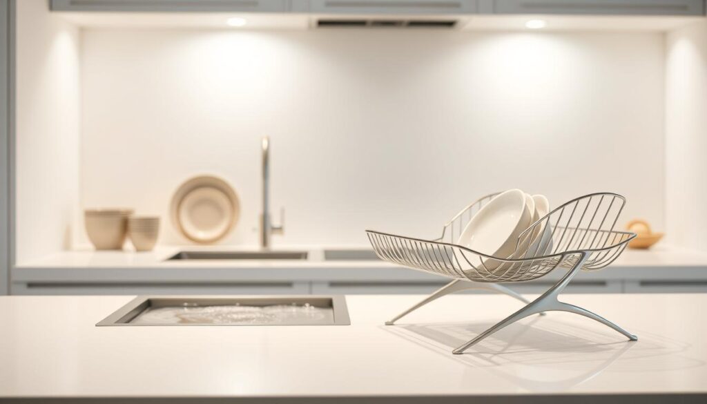 A modern, minimalist kitchen scene with a focus on a sleek, innovative dish-drying technique. In the foreground, a stylish dish rack stands on a pristine, white countertop, showcasing a seamless, streamlined design that allows for rapid air-drying of dishes. The middle ground features a sink filled with soapy water and a handful of recently washed plates and bowls. Soft, diffused lighting from overhead sources casts a warm, inviting glow throughout the space. The background is a clean, uncluttered wall, perhaps with a subtle texture or neutral tone that complements the modern aesthetic. The overall mood is one of efficiency, simplicity, and a forward-thinking approach to the everyday task of dish washing.