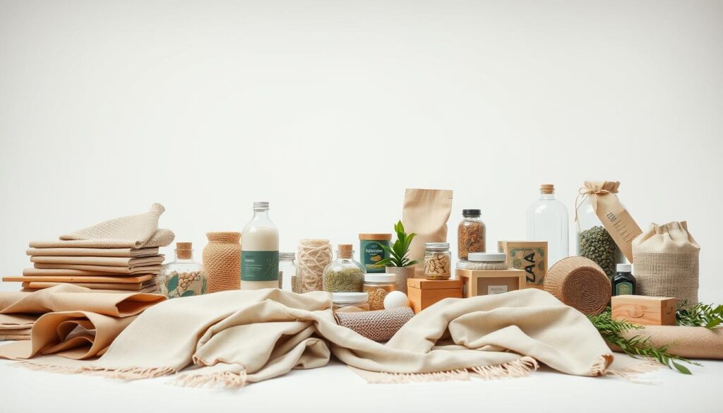 A neatly arranged display of eco-friendly materials, showcased in a well-lit, minimalist studio setting. The foreground features various samples of sustainable fabrics, bamboo, and natural fibers, expertly arranged to highlight their textures and colors. The middle ground showcases reusable containers and packaging made from recycled plastics, glass, and compostable materials. In the background, a clean, white wall creates a serene, gallery-like atmosphere, allowing the eco-materials to take center stage. The overall composition conveys a sense of sophistication, environmental consciousness, and the diverse range of stylish, eco-conscious options available for discerning gift-givers.