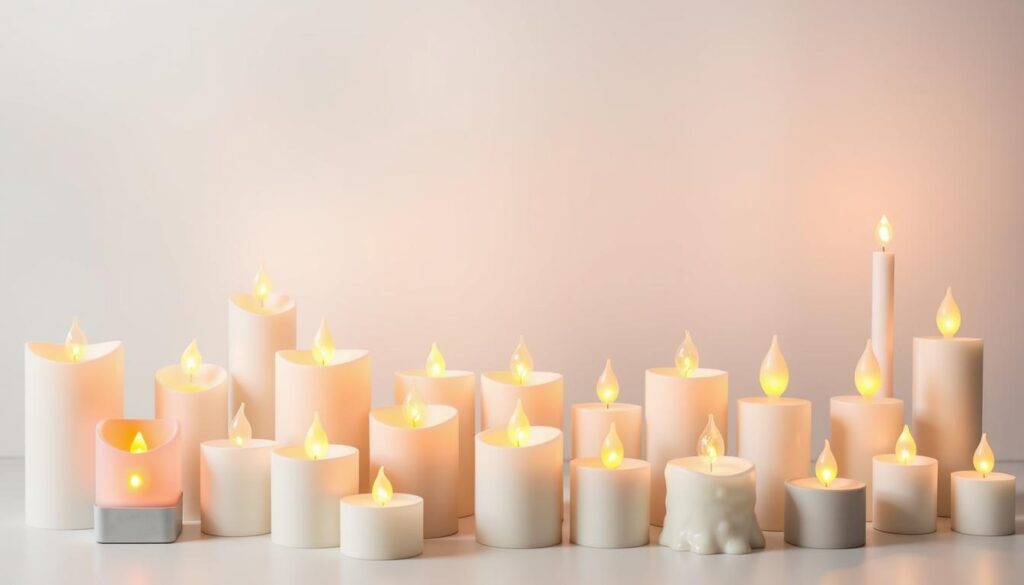 A neatly arranged display of various battery-operated LED candles in a variety of shapes, sizes, and designs. The candles are set against a softly lit, minimalist background, emphasizing their warm glow and realistic flickering effect. The scene captures the essence of a soothing, safe, and ambient lighting solution, showcasing the diverse options available for creating a cozy, fire-free atmosphere. The candles are highlighted from multiple angles, revealing their intricate details and the subtle differences in their construction, such as the placement of the LED bulb, the wax-like texture of the casing, and the unique flame patterns.