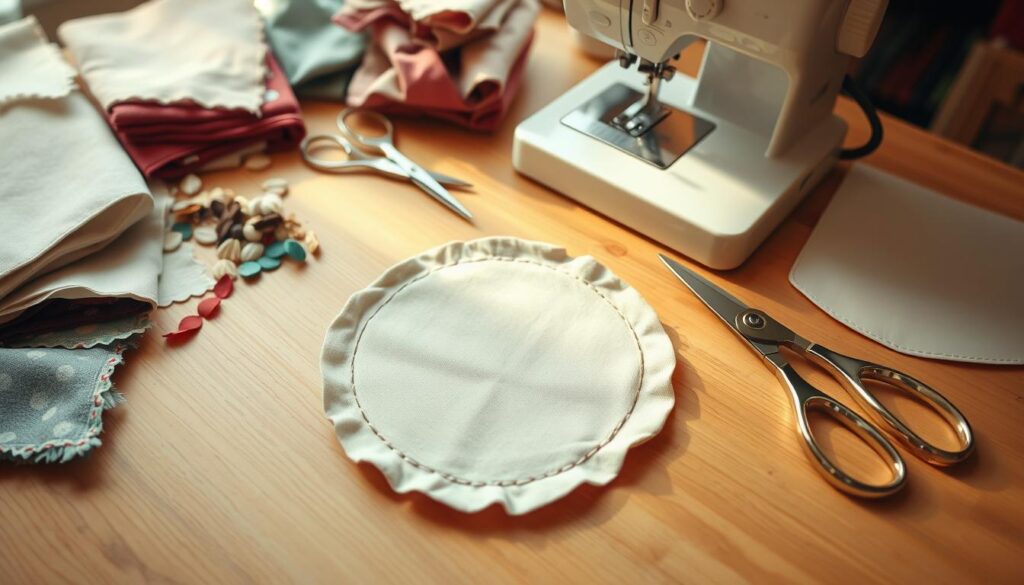 A neatly arranged sewing table with various fabric scraps, a sewing machine, scissors, and a template for crafting a simple round fabric coaster. The coaster is made from a soft, patterned cotton material, with a delicate, hand-stitched edge. Warm, natural lighting illuminates the scene, creating a cozy, DIY atmosphere. The focus is on the process of creating the coaster, with a sense of thoughtfulness and attention to detail. The overall mood is one of relaxation, creativity, and a celebration of handmade, homespun design.