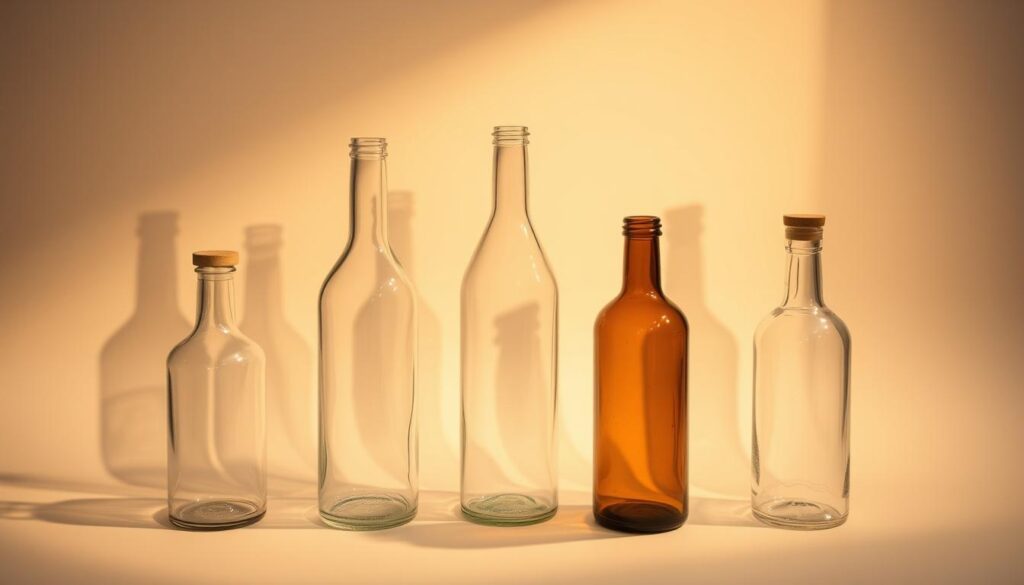 A neatly arranged still life showcasing an elegant collection of empty glass bottles, their sleek silhouettes casting captivating shadows against a soft, minimalist backdrop. The bottles, meticulously positioned, exude a refined, artisanal aesthetic, hinting at their potential to be transformed into unique and functional home decor pieces. Warm, diffused lighting gently illuminates the scene, emphasizing the bottles' inherent beauty and the creative possibilities they hold. The overall mood is one of understated sophistication, inviting the viewer to imagine the myriad ways these simple glass vessels can be repurposed and elevated into charming, personalized accents.