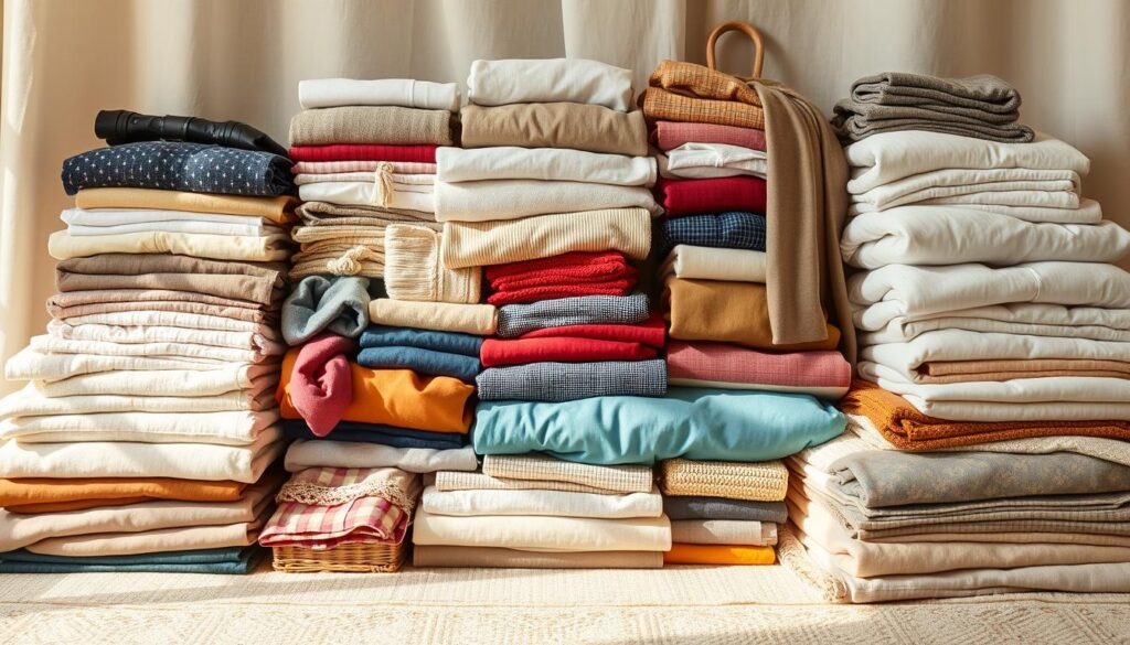 A neatly organized arrangement of various fabric items, including folded clothing, accessories, and home textiles, presented against a soft, diffused backdrop. The scene is illuminated by warm, natural lighting, casting gentle shadows and highlighting the textures and colors of the fabrics. The items are carefully sorted and displayed in a visually appealing manner, showcasing the artful classification system of a seasoned textile organizer. The overall atmosphere evokes a sense of harmony, efficiency, and the beauty of well-curated fabric belongings.