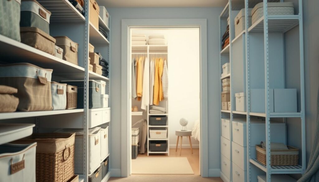 A neatly organized closet with visible storage solutions. The foreground features various fabric storage containers, bins, and baskets meticulously arranged on shelves, showcasing an efficient and visually appealing way to store small items. The middle ground depicts a partially open closet door, revealing the organized interior with hanging garments and additional storage units. The background is a softly lit, minimalist bedroom setting, creating a calming and serene atmosphere. The overall composition emphasizes the principles of mindful organization, highlighting how accessible and well-categorized storage can contribute to a clutter-free, harmonious living space.