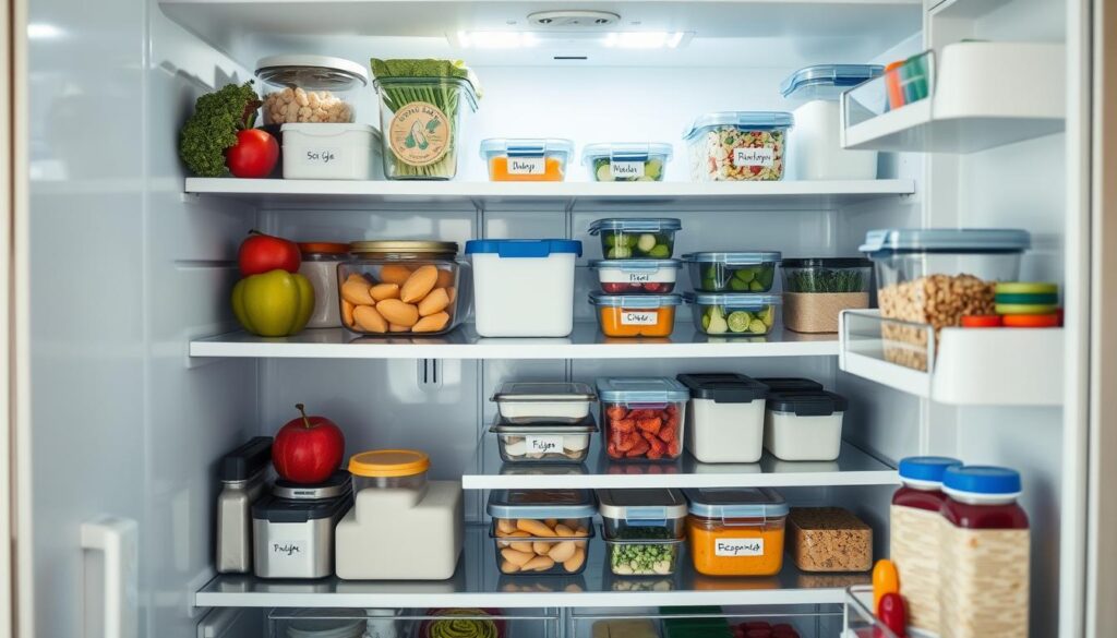A neatly organized refrigerator interior, showcasing strategic food storage and labeling. The shelves are arranged with precision, displaying a range of fresh produce, dairy products, and meal prepped containers. Soft, natural lighting emanates from the opened fridge door, creating a warm, inviting atmosphere. The scene conveys a sense of efficiency and control, highlighting how a well-organized refrigerator can contribute to better food preservation and reduced waste. The composition emphasizes the three key benefits of refrigerator organization: prolonged freshness, efficient meal planning, and minimized spoilage.