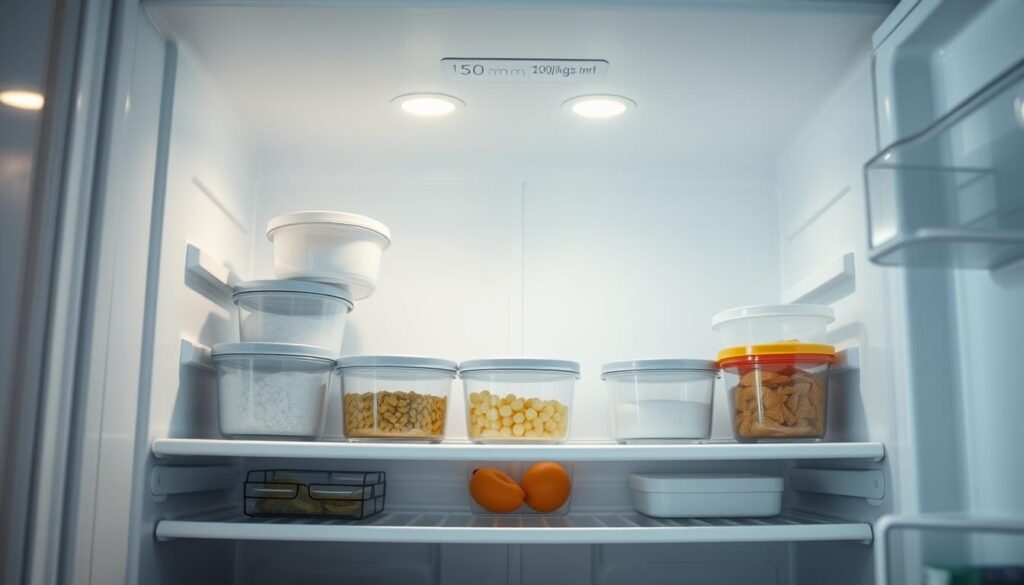A neatly organized upper-shelf of a refrigerator, showcasing efficient storage solutions. The shelves are arranged with precision, containers and items meticulously placed to maximize space. Soft, diffused lighting illuminates the scene, casting gentle shadows that accentuate the clean, minimalist design. The angle captures a close-up view, emphasizing the thoughtful, ergonomic layout. The overall atmosphere conveys a sense of order, tranquility, and a keen attention to optimizing the refrigerator's upper compartment.