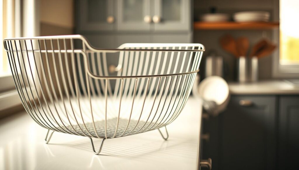 A peaceful and soothing kitchen scene. In the foreground, a wire mesh dish drying rack sits on a clean, minimalist counter, its elegant curves and open design exuding a sense of tranquility. Soft natural light filters in through a nearby window, casting a warm glow on the scene. In the middle ground, a few freshly washed dishes and utensils are arranged neatly, their surfaces still glistening with droplets of water. The background is blurred, hinting at the bustling activity of the kitchen, but providing a calming contrast to the serene focal point. The overall mood is one of simple pleasure, a moment of respite amidst the morning's tasks, where the simple act of drying dishes becomes a therapeutic ritual.