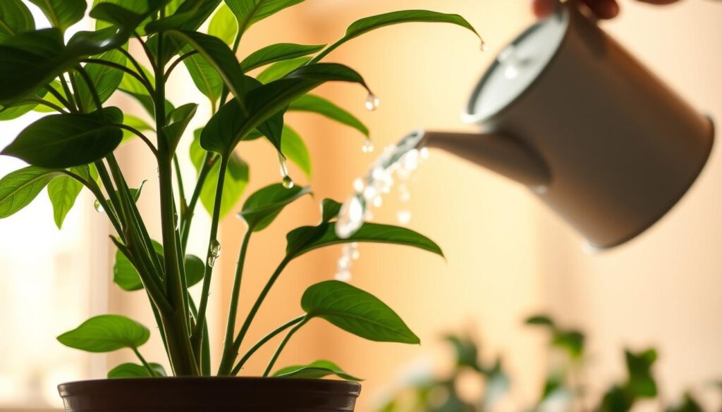 A potted houseplant in the foreground, its lush green leaves gently swaying as water droplets trickle down its stems. In the middle ground, a hand delicately holding a watering can, its spout poised to provide the plant with a refreshing drink. The background softly blurred, allowing the viewer to focus on the intimate act of plant care. Warm, natural lighting filters through a nearby window, casting a gentle glow on the scene. The composition evokes a sense of tranquility and the importance of attentive plant nurturing.