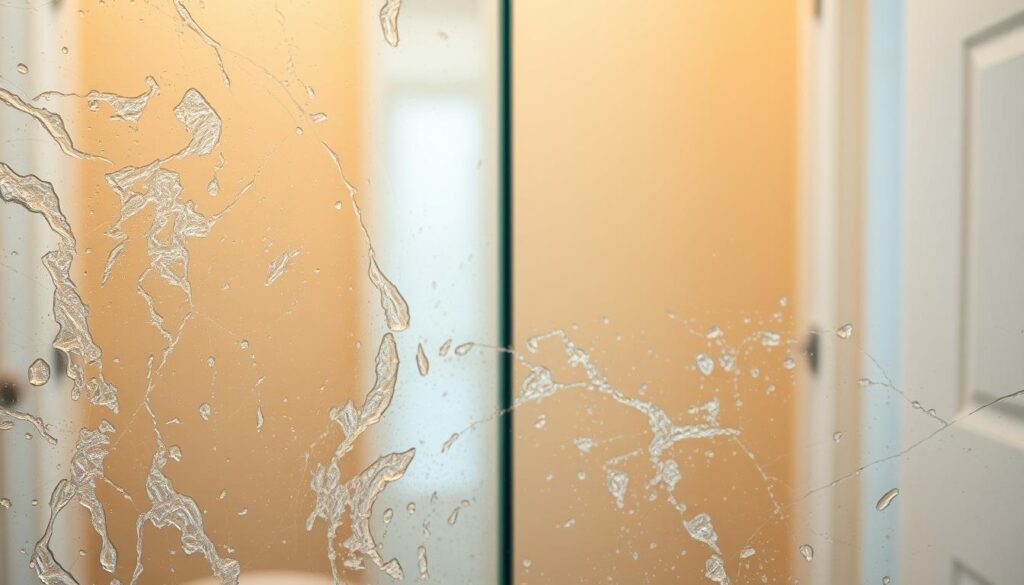 A pristine bathroom mirror reflects the intricate interplay of alkaline and acidic grime. In the foreground, hard water stains and mineral deposits cling to the surface, a testament to the corrosive power of acidity. In the middle ground, a thin film of soap scum and grease contrasts with the crystalline clarity of the alkaline-treated areas. The background bathes in warm, diffused lighting, highlighting the textural differences between the two types of soiling. The scene conveys the essential principles of effective bathroom cleaning, where the judicious use of baking soda and citric acid holds the key to restoring a mirror's shine.