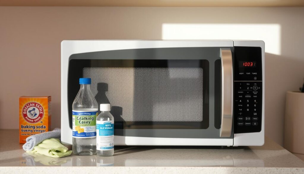 A pristine, well-lit kitchen countertop with a gleaming, spotless microwave oven in the center. On the counter, an assortment of household cleaning supplies - a box of baking soda, a bottle of white vinegar, and a few cleaning cloths. The natural, warm lighting creates a soft, inviting atmosphere, hinting at the effectiveness of this simple, yet powerful cleaning method. The microwave's surface is free of any unsightly stains or odors, reflecting the successful application of this natural, eco-friendly cleaning technique. The overall scene conveys a sense of order, cleanliness, and practical know-how, perfectly suited for the "プロが教える電子レンジ臭対策の極意" section of the article.