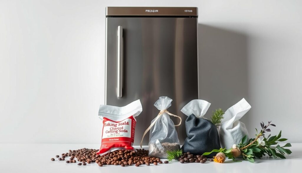 A professional, commercial-grade refrigerator against a clean, minimalist backdrop. Soft, diffused lighting from above casts subtle shadows, highlighting the sleek, stainless steel exterior. In the foreground, a variety of natural deodorizing agents are artfully arranged - freshly ground coffee beans, baking soda, charcoal bags, and fragrant herbs. The overall composition conveys a sense of efficiency, practicality, and a clean, odor-free environment, reflecting the "pro's secret tricks" for eliminating unpleasant refrigerator smells.