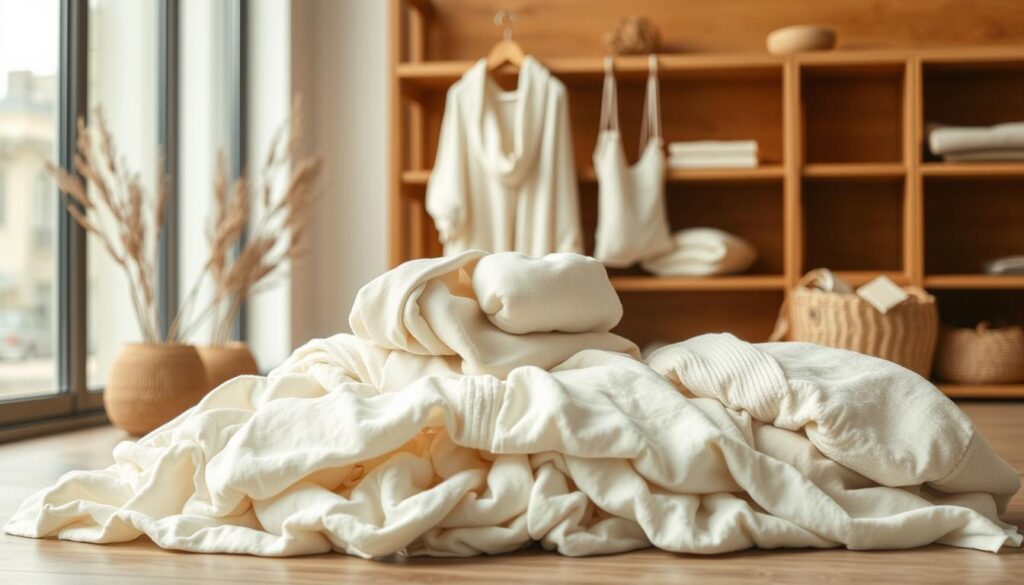 A serene organic cotton display in a minimalist setting. In the foreground, a pile of soft, off-white cotton garments and accessories, their natural textures and muted tones radiating a sense of purity and simplicity. Behind them, a wooden backdrop or shelving unit, its warm hues complementing the organic feel. Gentle natural lighting, perhaps from a large window, casts a soft, diffused glow across the scene, highlighting the inherent beauty of the sustainable materials. The overall mood is one of tranquility, sustainability, and a thoughtful, eco-conscious lifestyle.