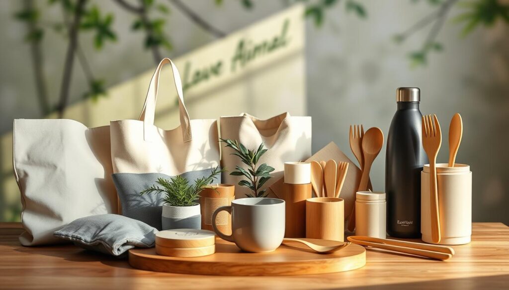 A serene, well-lit showcase of a variety of sustainable eco-friendly products arranged artfully on a wooden surface. In the foreground, a selection of reusable tote bags, metal water bottles, and bamboo cutlery sets. In the middle ground, a minimalist ceramic mug, a set of beeswax candles, and a decorative plant. The background features a softly blurred nature-inspired backdrop, conveying a sense of harmony and environmental consciousness. The lighting is natural and diffused, accentuating the organic textures and earth-toned colors of the items. The overall scene radiates a calming, sophisticated, and eco-friendly atmosphere, suitable for showcasing sustainable gift ideas.