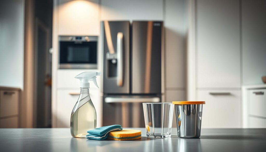 A sleek and minimalist kitchen interior, with a modern, stainless steel refrigerator placed prominently in the center. The refrigerator door is slightly ajar, revealing the contents within. Soft, directional lighting illuminates the scene, casting subtle shadows and highlights on the appliance's surfaces. In the foreground, a set of cleaning supplies, including a spray bottle, sponge, and a small trash can, are arranged neatly, conveying a sense of urgency and efficiency. The background is blurred, allowing the viewer to focus on the task at hand - eliminating unpleasant odors from the refrigerator in a quick and effective manner. The overall atmosphere is one of calm, deliberate action, with a touch of professionalism and attention to detail.