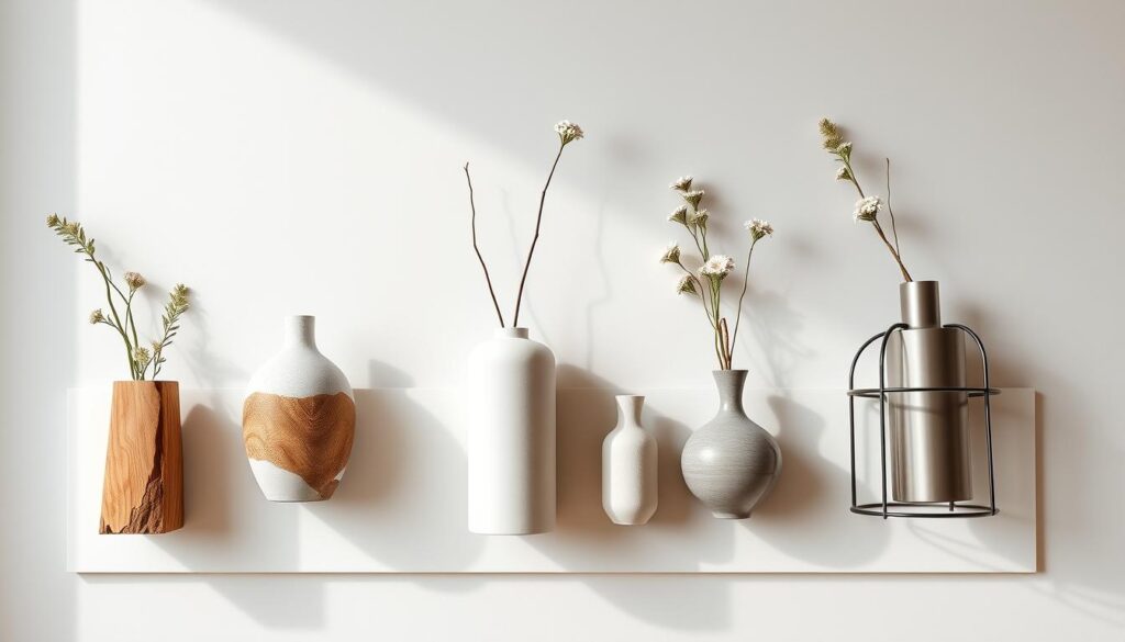 A sleek and modern wall-mounted flower vase display, showcasing a side-by-side comparison of different materials - rustic wood, smooth ceramic, and minimalist metal. The vases are arranged in a visually striking layout, with clean lines and a focus on texture and craftsmanship. Soft, natural lighting illuminates the display, highlighting the unique characteristics of each material. The overall scene conveys a sense of refined elegance and effortless style, perfectly suited for elevating a living space.
