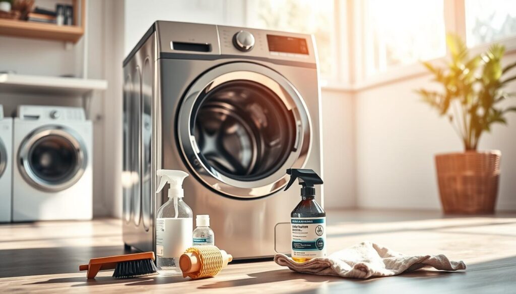 A sleek, modern drum-style washing machine standing in a bright, airy laundry room. Sunlight streams in through large windows, casting a warm glow on the machine's clean, brushed metal exterior. The machine's control panel is prominently displayed, inviting the user to engage in the weekly maintenance routine. In the foreground, a few cleaning supplies - a small brush, a bottle of washing machine cleaner, and a damp cloth - are neatly arranged, ready to be used. The room's neutral color palette and minimalist decor create a sense of order and efficiency, perfectly suited for the task at hand. An atmosphere of domestic tranquility and a commitment to maintaining a well-functioning household permeates the scene.