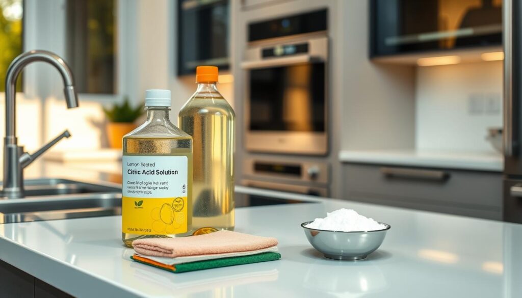 A sleek, modern kitchen counter with a stainless steel sink and stylish appliances. On the counter, a variety of cleaning supplies are neatly arranged, including a bottle of clear liquid (lemon-scented citric acid solution), a sponge, and a small bowl filled with a white powder (baking soda). The scene is brightly lit, with warm, natural lighting filtering in through a nearby window, casting a gentle glow on the surfaces. The overall atmosphere conveys a sense of efficiency, cleanliness, and a touch of minimalist elegance, perfectly suited for showcasing an effective, chemical-free cleaning method for stubborn cookware.