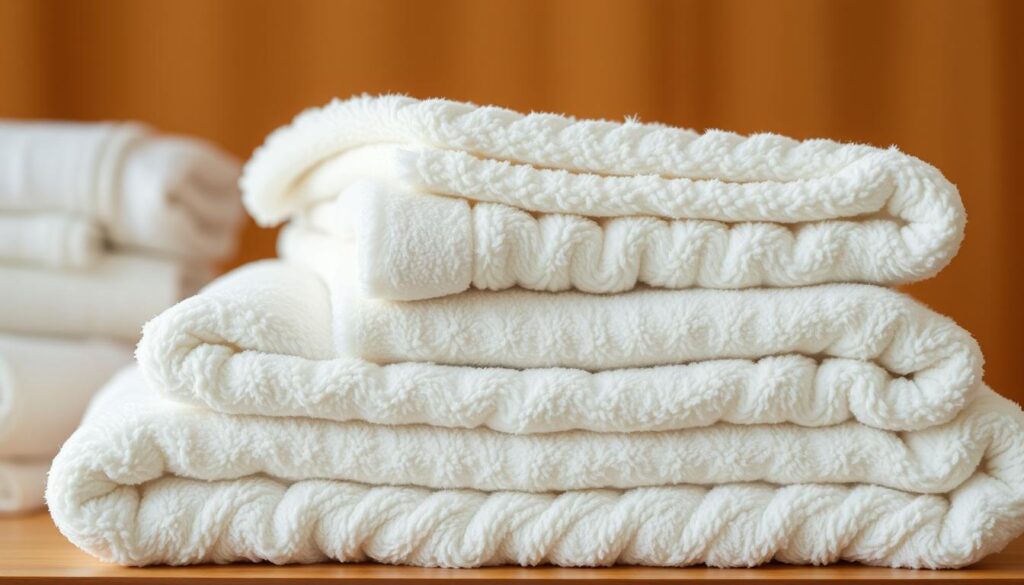 A stack of fluffy, soft white towels arranged in a neatly layered pile, capturing the cozy and inviting texture of freshly laundered linens. The towels are bathed in warm, diffused lighting, gently illuminating the plush, absorbent fibers and creating a sense of comfort and relaxation. The image is shot from a slightly elevated angle, allowing the viewer to appreciate the full voluminous structure of the towel pile, conveying the essence of a luxurious, spa-like atmosphere. The overall scene evokes a serene, soothing mood, hinting at the restorative power of well-cared-for, fluffed-up towels.