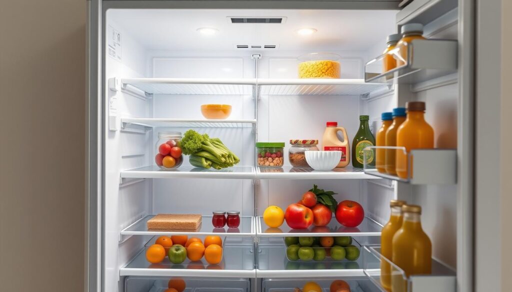 A stylish and minimalist refrigerator interior, showcasing the golden ratio proportions of its shelves and compartments. Soft, diffused lighting illuminates the pristine white appliance, accentuating its sleek, modern design. The shelves are neatly organized, with carefully arranged food items in shades of green, red, and yellow, demonstrating the optimal storage configuration. The background fades into a clean, neutral backdrop, allowing the refrigerator's proportions and contents to take center stage. An overall sense of order, efficiency, and culinary inspiration permeates the scene, inviting the viewer to consider the principles of maximizing refrigerator capacity and organization.