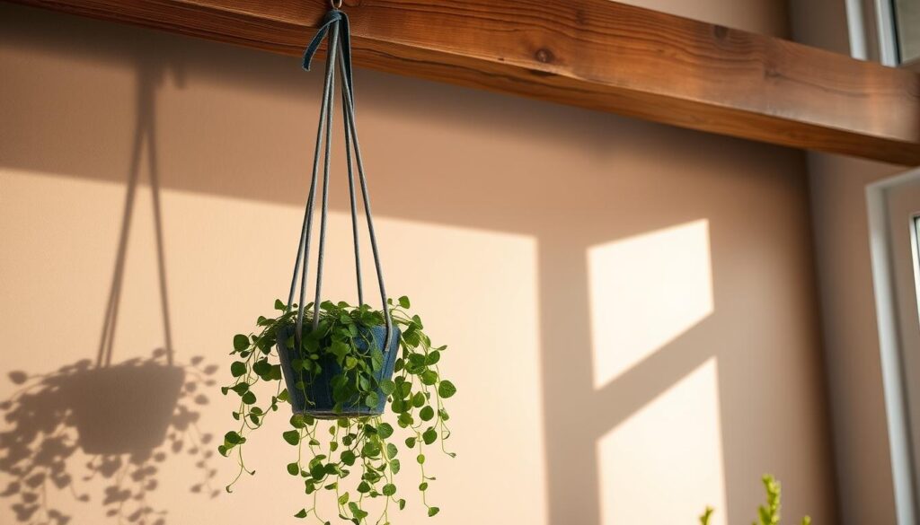 A stylish denim plant hanger suspended from a rustic wooden beam, casting soft shadows across a minimalist, earthy-toned backdrop. The hanger, crafted from distressed denim fabric, gently holds a lush, verdant trailing plant, its leaves cascading gracefully. Warm, natural lighting filters through a nearby window, highlighting the textural interplay between the denim, wood, and foliage. The overall scene exudes a casual, bohemian charm, perfectly complementing the article's "DIY denim plant hanger" theme.
