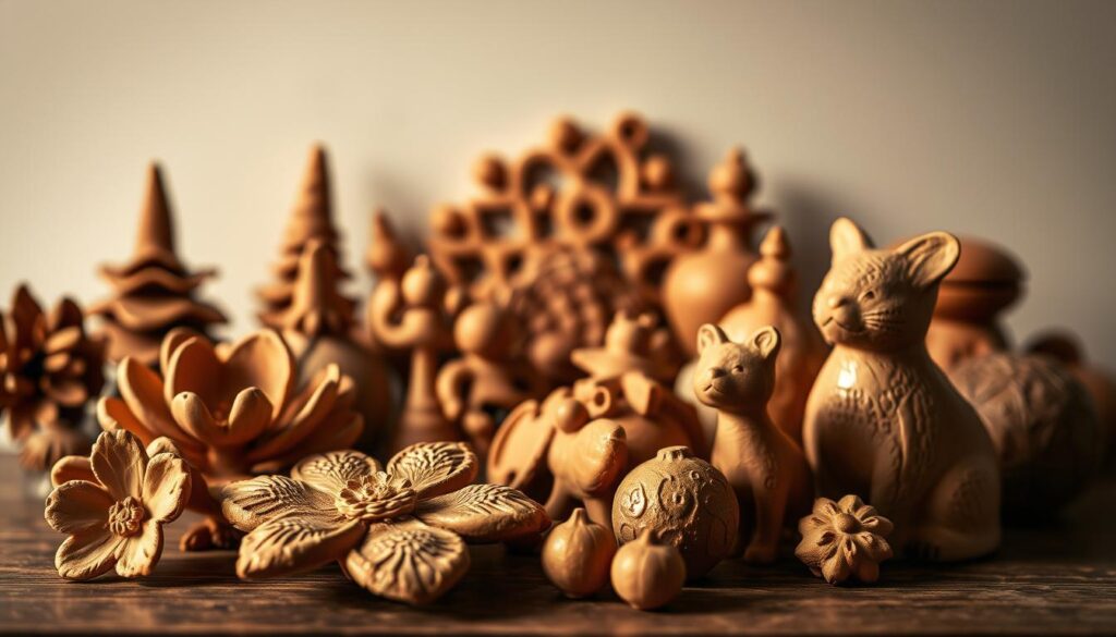 A visually striking still life featuring an assortment of handcrafted clay ornaments. In the foreground, delicate floral shapes and whimsical animal figurines take center stage, their textured surfaces glistening under warm, diffused lighting. In the middle ground, additional decorative pieces arranged in an aesthetically pleasing composition, showcasing the versatility and tactile appeal of the clay medium. The background is a simple, neutral setting that allows the ornaments to shine, creating a sense of focus and elegance. The overall mood is one of rustic charm and artisanal craftsmanship, perfectly capturing the allure of handmade clay decor as a means of adding personalized charm to any living space.