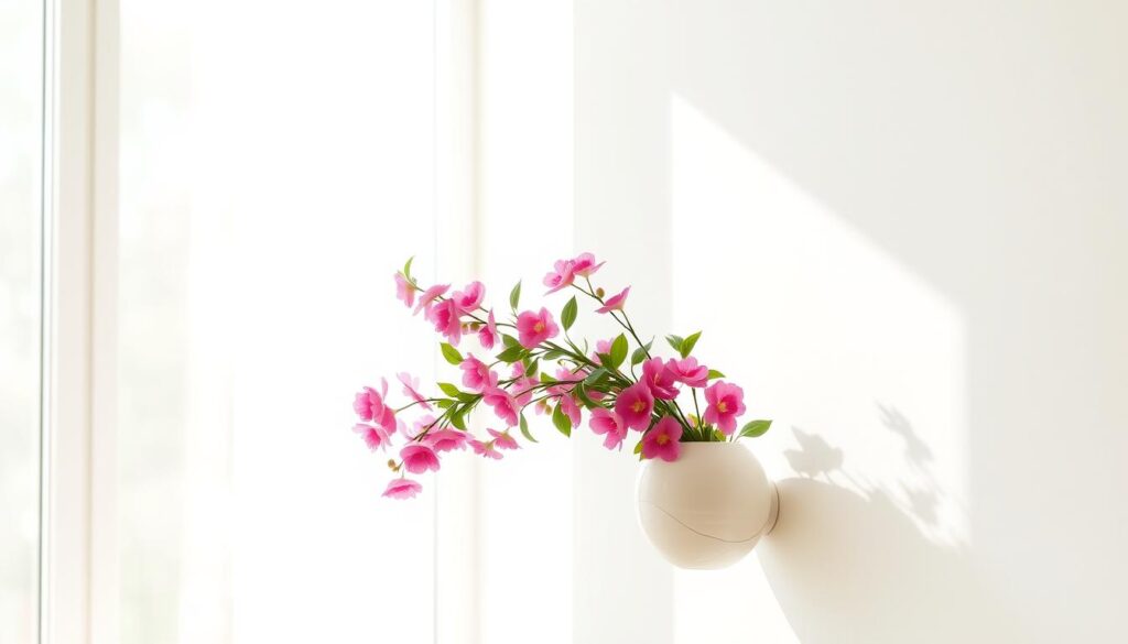 A wall-mounted floral vase, elegantly simple yet refined, standing in a bright, airy space. Soft natural light filters through a large window, casting a warm glow on the delicate ceramic vessel. The vase, approximately 1000 yen in value, is adorned with a subtle, minimalist pattern, complementing the clean-lined, modern decor surrounding it. Lush, vibrant blooms spill gracefully from the vase, adding a touch of organic beauty to the space. The overall scene exudes a sense of tranquility and refined style, showcasing how a modest, budget-friendly floral accent can elevate an interior design.