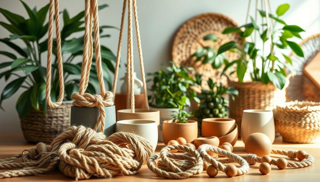 A well-lit, artisanal still life scene of natural materials for a handcrafted plant hanger. In the foreground, an assortment of braided macrame cord, natural jute twine, and durable rattan rings. In the middle ground, an array of earthy-toned ceramic pots and wooden beads. The background features lush, verdant houseplants and natural textures like woven baskets, providing a calming, minimalist atmosphere. Soft, directional lighting from the side casts gentle shadows, emphasizing the organic shapes and materials. The overall composition has a handmade, rustic aesthetic, perfect for illustrating a DIY plant hanger tutorial for beginners.
